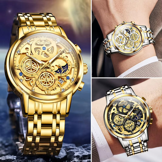 Men'S Watches Top Brand Luxury Original Waterproof Quartz Watch for Man Gold Skeleton Style 24 Hour Day Night New