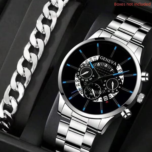 2Pcs Luxury Men Business Watch Stainless Steel Calendar Big Dial Watches for Men Fashion Sports Casual Quartz Wristwatch Clock