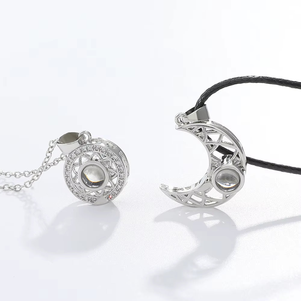 Magnetic couple necklace set featuring matching sun and moon pendants designed to connect through a secure magnetic link