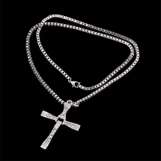 Men’s Stainless Steel Cross Pendant Necklace with Crystal Detailing