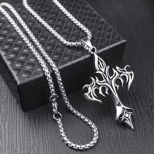 Stainless Steel Flame Cross Pendant Necklace for Men, Retro Titanium Steel Chain