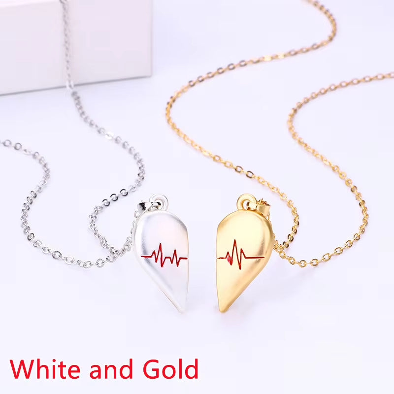 Couple Pendant Necklace Electrocardiogram Magnetic Heart Splicing Pendant