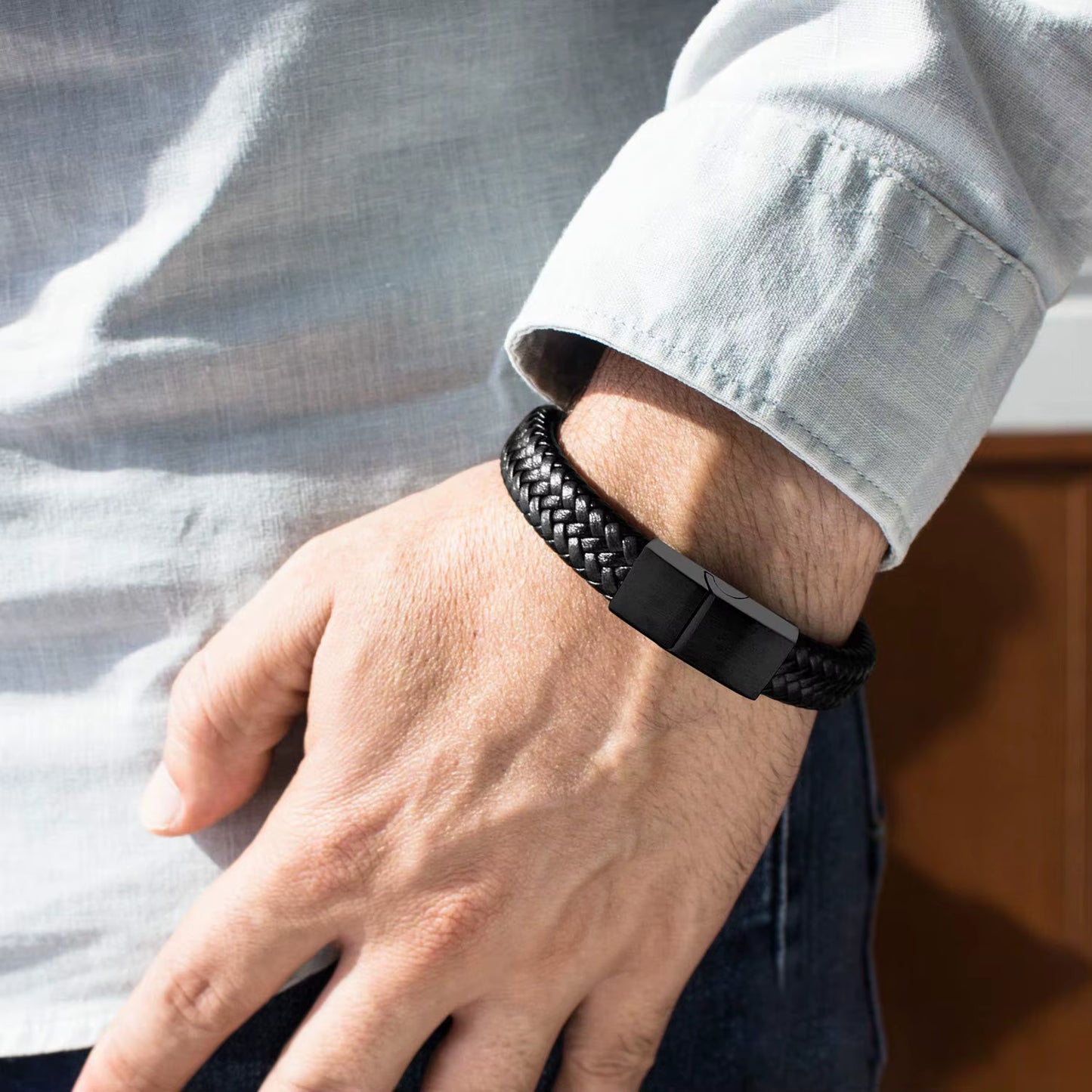 Black Leather Magnetic Bracelet 