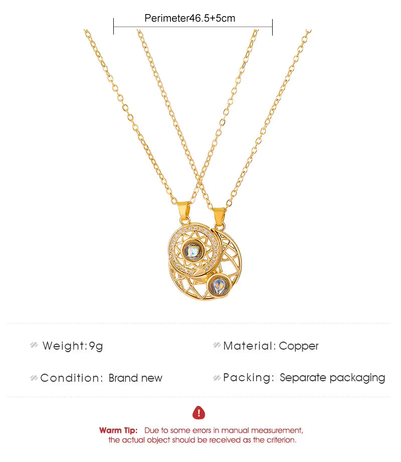 Magnetic couple necklace set featuring matching sun and moon pendants designed to connect through a secure magnetic link