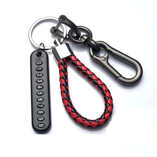 Men’s Woven Leather Keychain with Number Plate Pendant