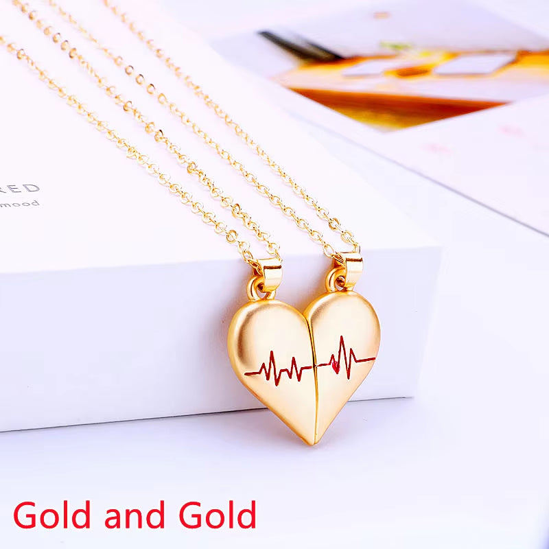 Couple Pendant Necklace Electrocardiogram Magnetic Heart Splicing Pendant