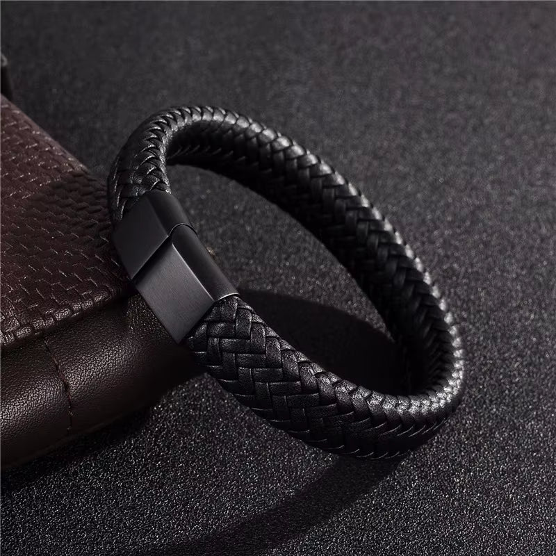 Black Leather Magnetic Bracelet 